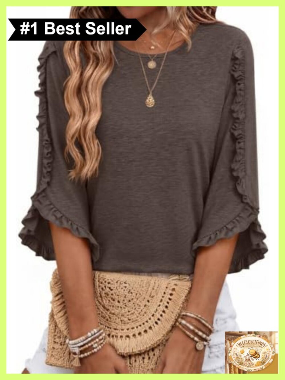 3/4 Sleeve Womens Ruffle Trim Crewneck Blouse Dressy Casual Top
